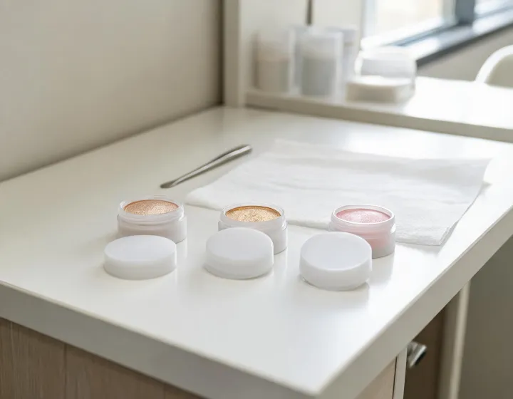 Makeup Highlighter Sourcing on a cosmetics bench, illustration only