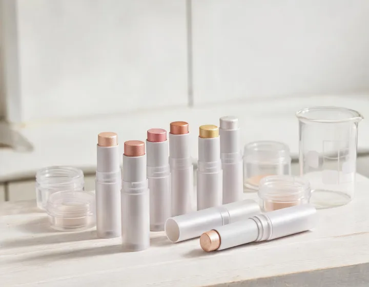 highlighter stick on a cosmetics bench, illustration only